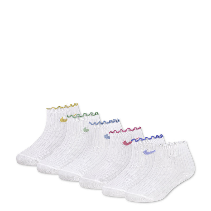 6-pack XXS ankle socks, white with lettuce welt and multicolor logo trim