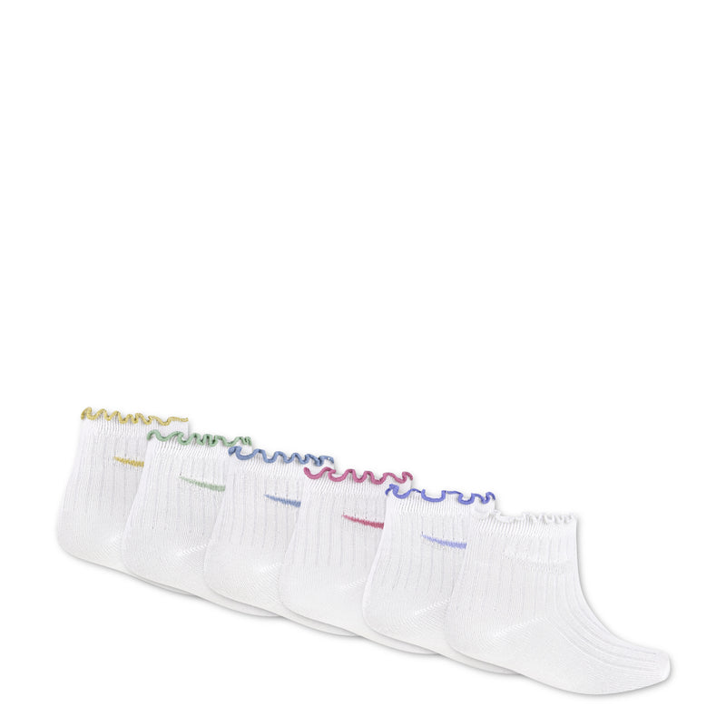 Side view of 6-pack XXS ankle socks in white with scalloped lettuce welt and logo