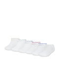 6-pack white no-show socks with multicolor lettuce trim at cuffs