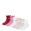6-pack ruffle ankle socks with red, pink, white, peach tones, Nike swooshes
