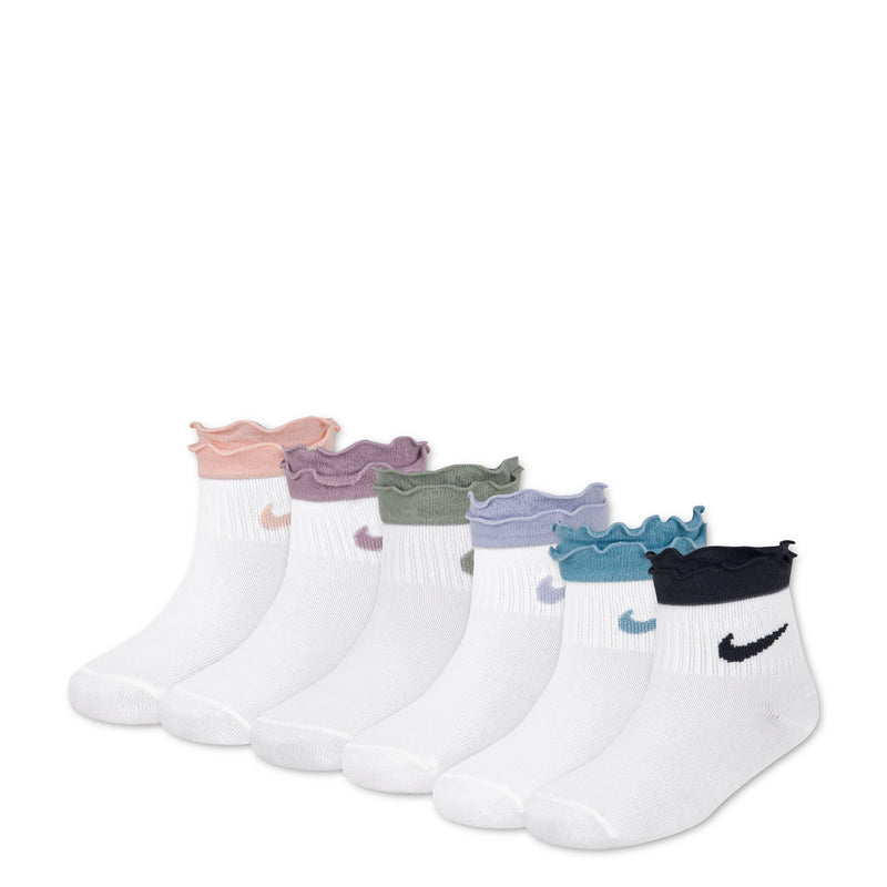Six-pack ruffle ankle socks, white with coral, purple, olive, lavender, blue, black accents