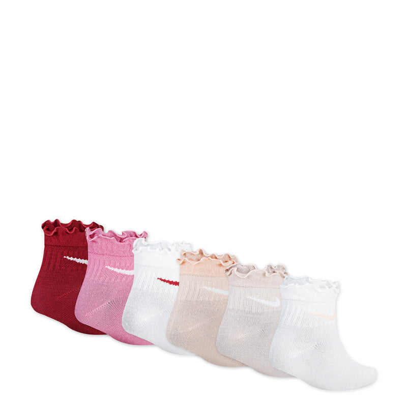 6-pack ruffle ankle socks in red, pink, white, beige tones, Nike logos