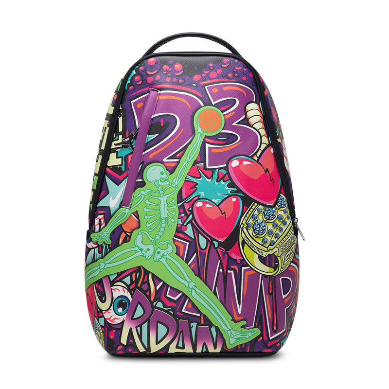 Graffiti print backpack with black zipper and rounded top handle