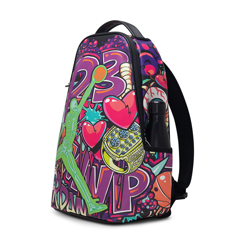 Graffiti print backpack with side pocket and adjustable black shoulder straps