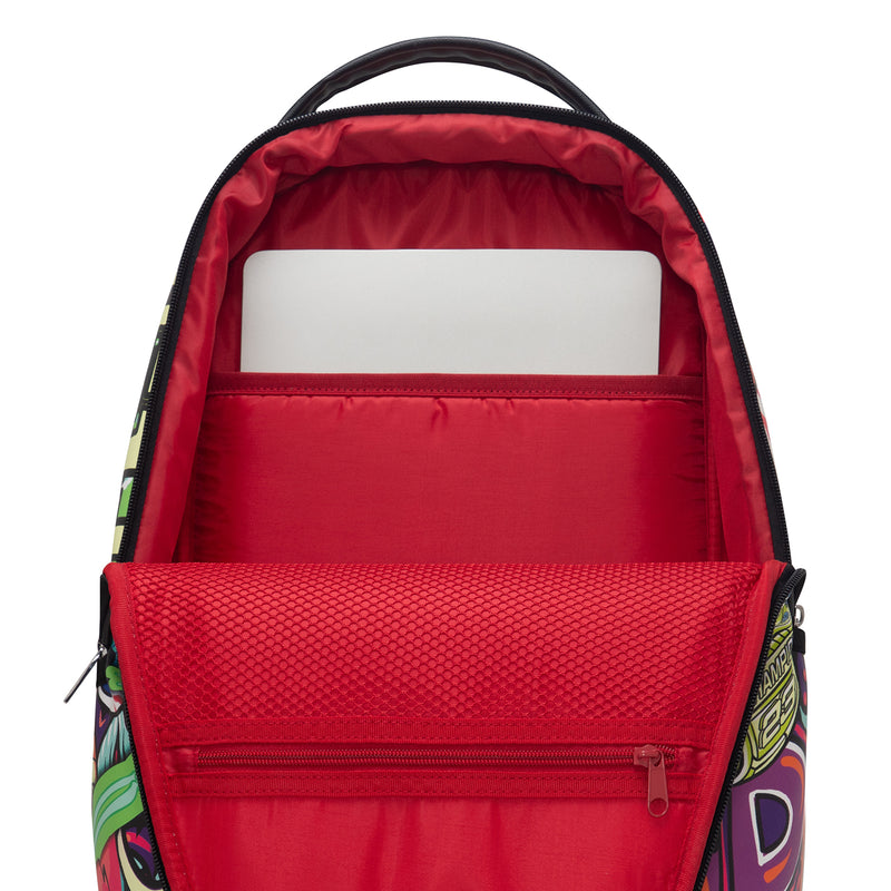 Backpack interior with red lining and top storage compartment