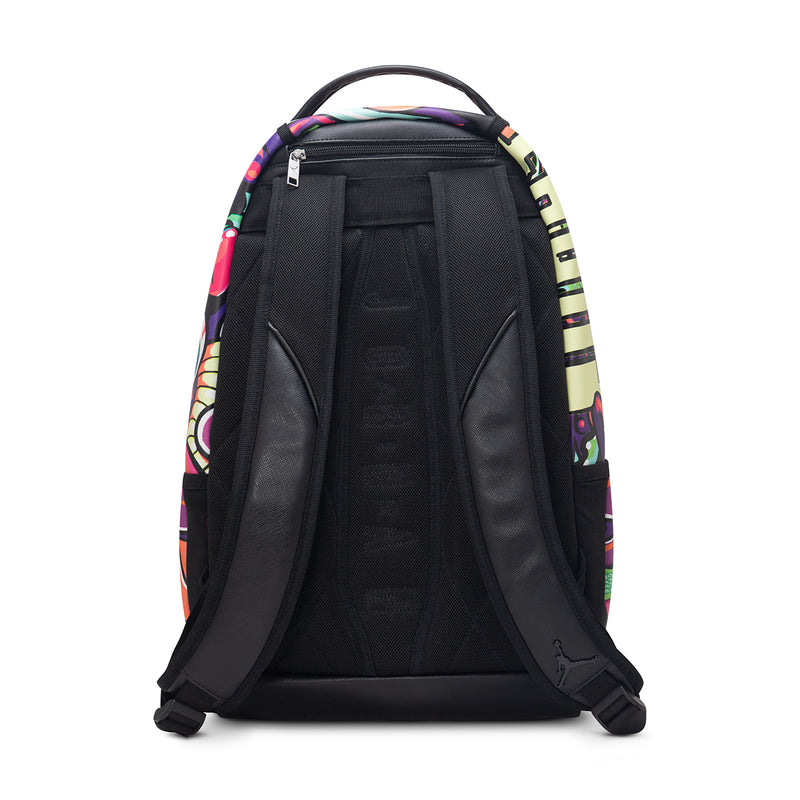 Black back panel of graffiti backpack with padded shoulder straps