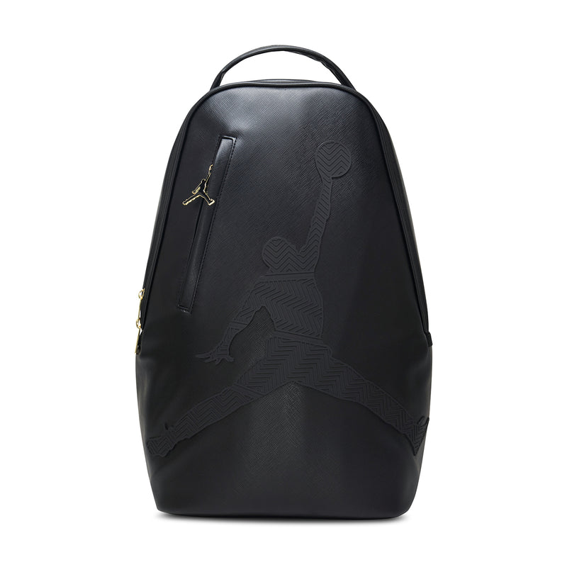 Black leather-look backpack with embossed Jumpman logo and gold zipper pulls