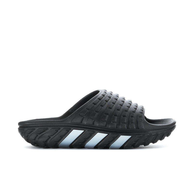 Men's black slide sandal with light-colored three stripes and textured footbed