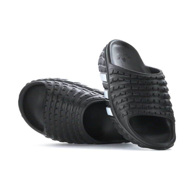 Men's black slide sandal, open toe, with textured tread sole and light stripe