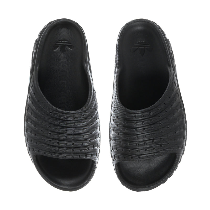 Pair of men's black slide sandals with textured uppers and open toe