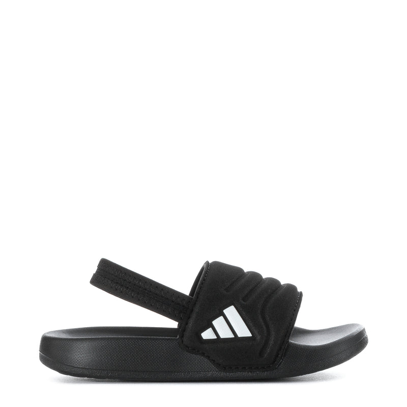 Black toddler slide sandals with cushioned footbed and white triple stripes