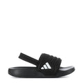 Black toddler slide sandals with cushioned footbed and white triple stripes