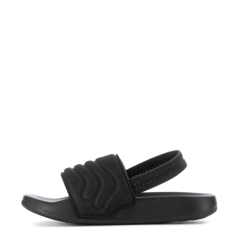 Black toddler slide sandals with wide strap, textured footbed, and white triple stripes