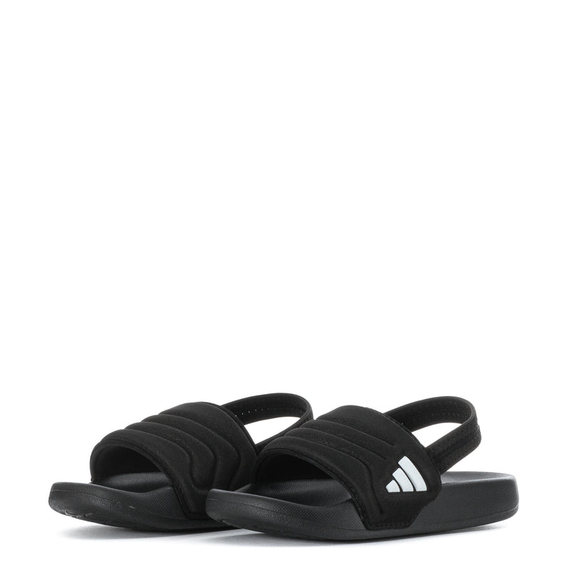 Black toddler slide sandals with raised front strap and white triple stripes