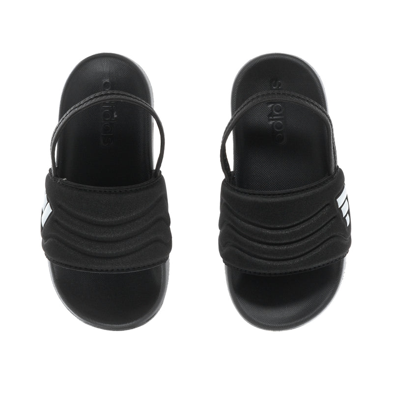 Black toddler slide sandals with contoured strap and adidas logo on footbed
