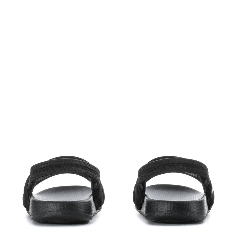 Black toddler slide sandals with open heel and molded cushioned straps