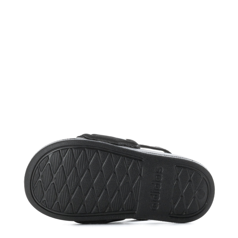 Black toddler slide sandals outsole with textured tread and adidas branding