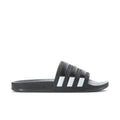 Men's black slide sandals with three white stripes across the strap