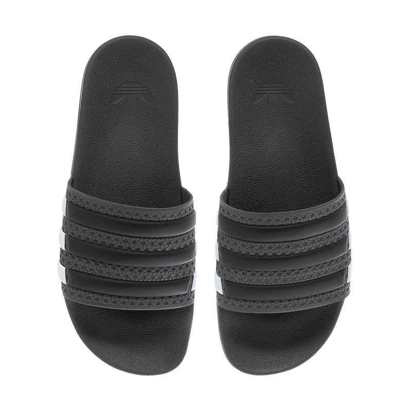 Pair of black slide sandal uppers with three-stripe strap design