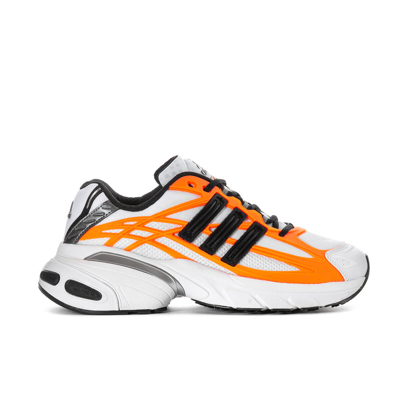 Men's white, black, and solar orange running shoes with black 3-stripe panels