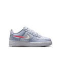Youth low-top sneakers in light blue-gray with white sole and red Swoosh