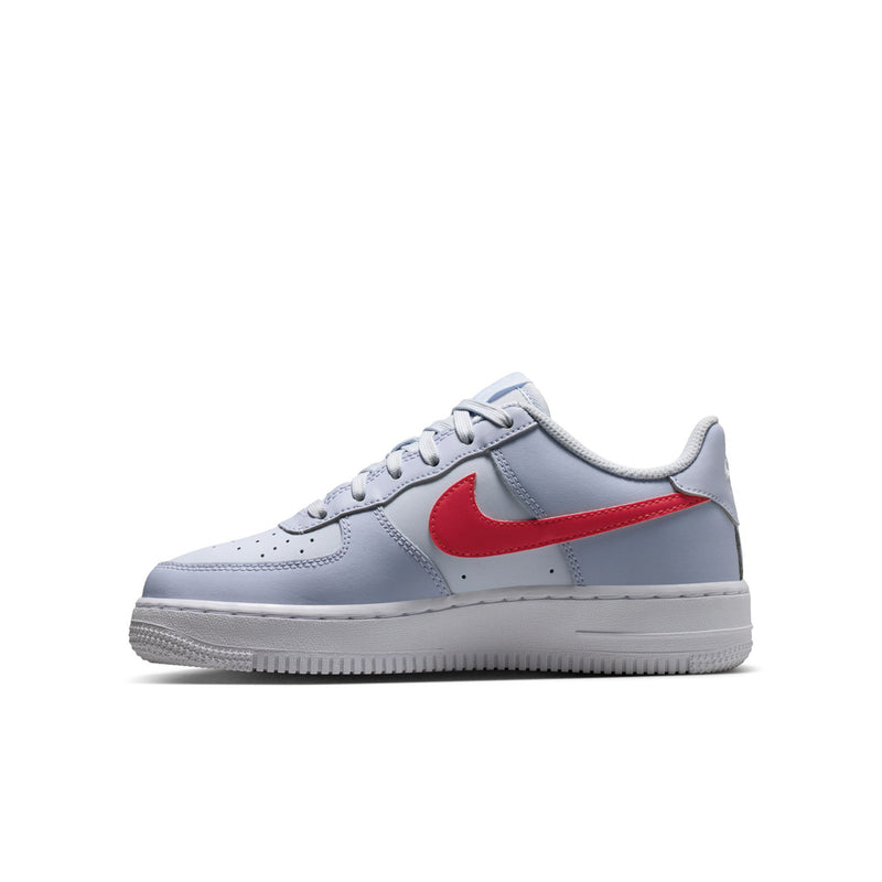 Youth Nike low-top sneakers, light blue-gray uppers with red Swoosh and white sole