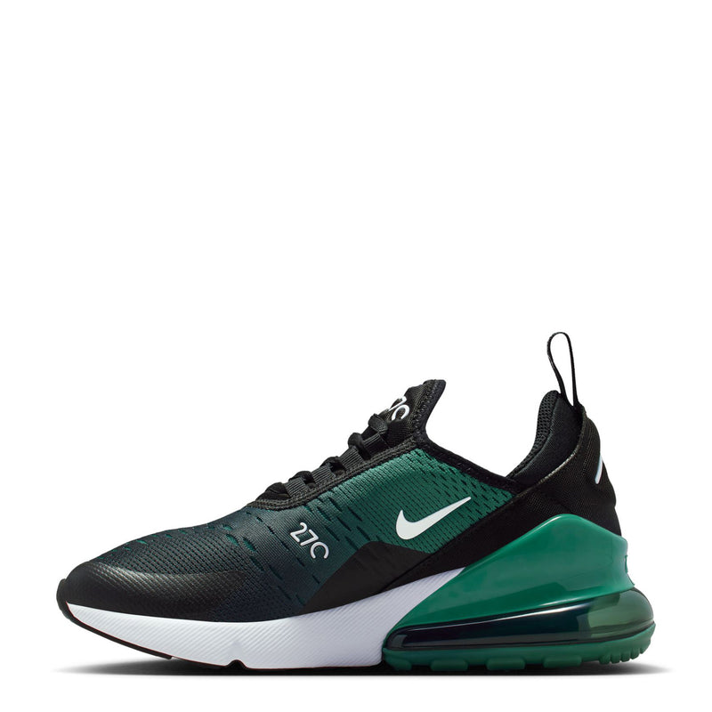 Youth sneakers side view: black knit upper with green Air heel and white midsole