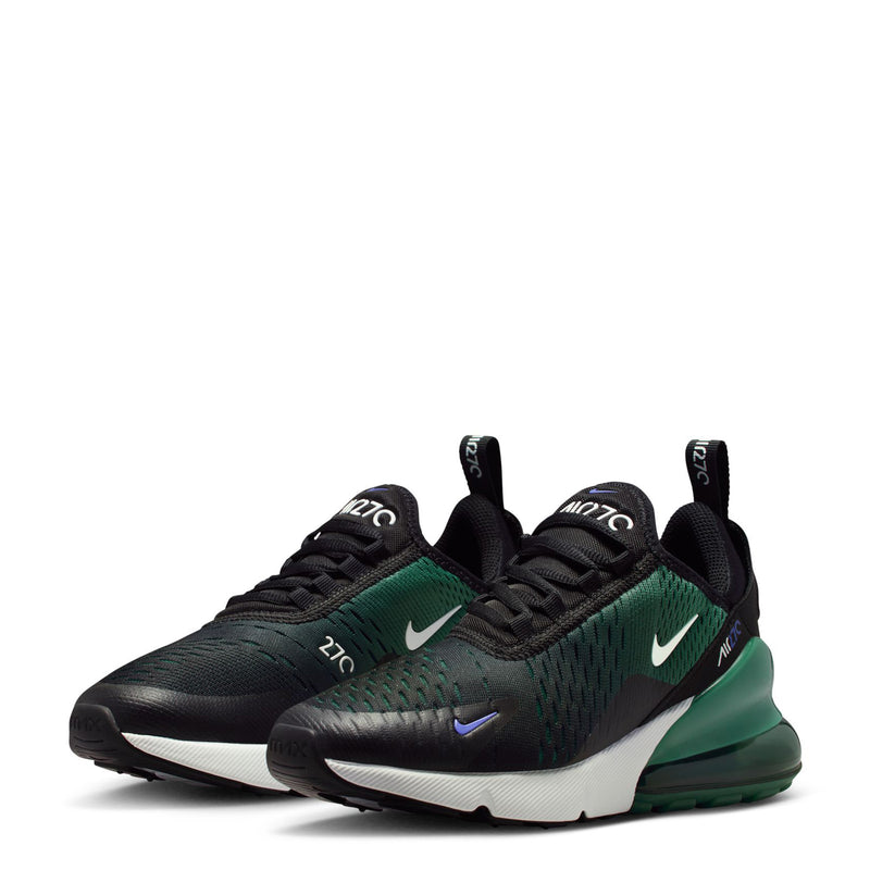 Youth sneakers front view: black and deep green knit with Swoosh and white midsole