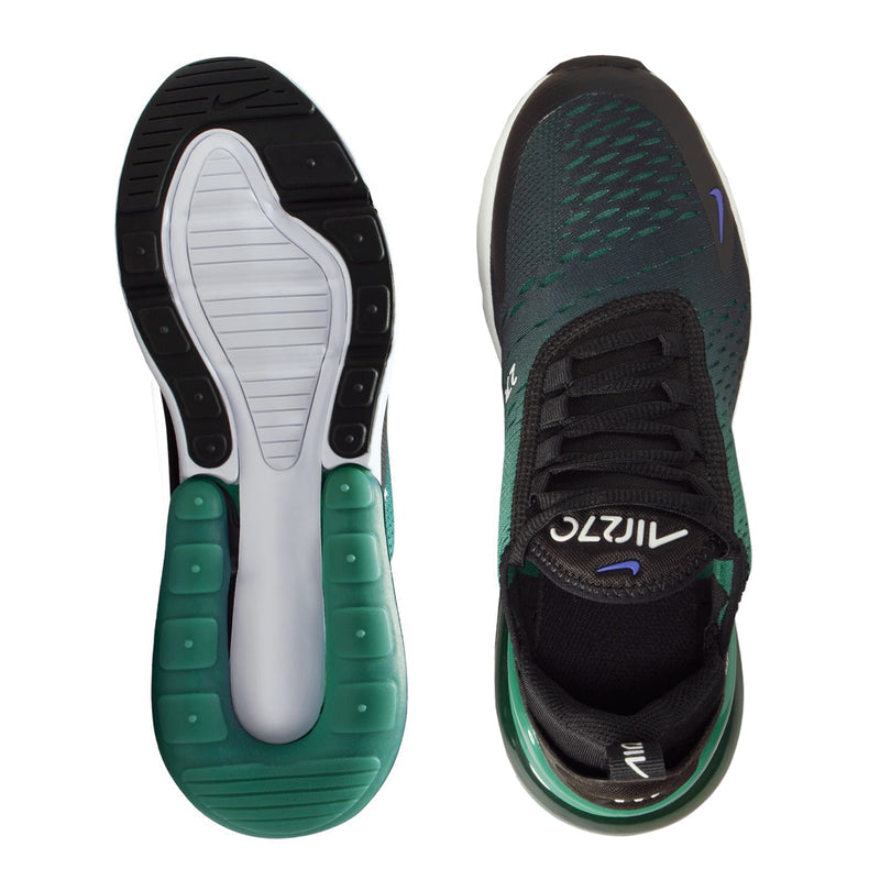 Youth sneaker outsole and insole view: black traction with green heel cushioning