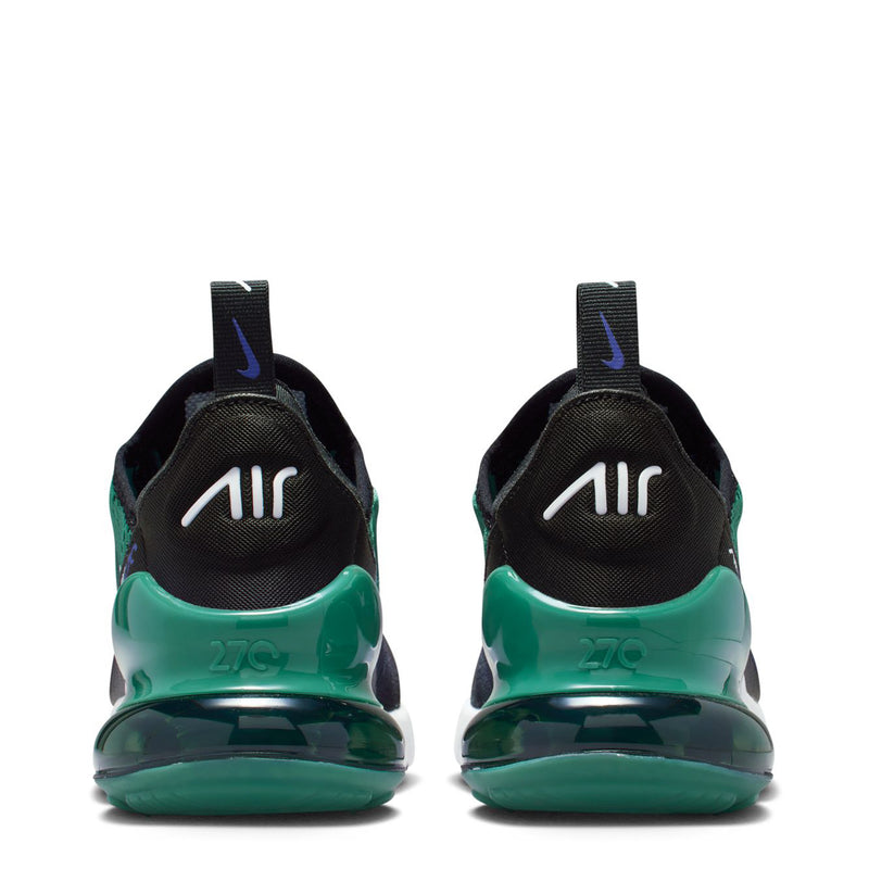 Youth sneakers heel view: black upper with green Air heel and Air-style branding