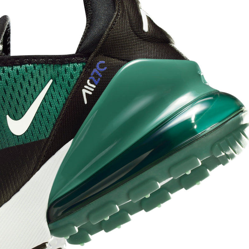Youth sneaker close-up: glossy green Air unit with black collar and white midsole