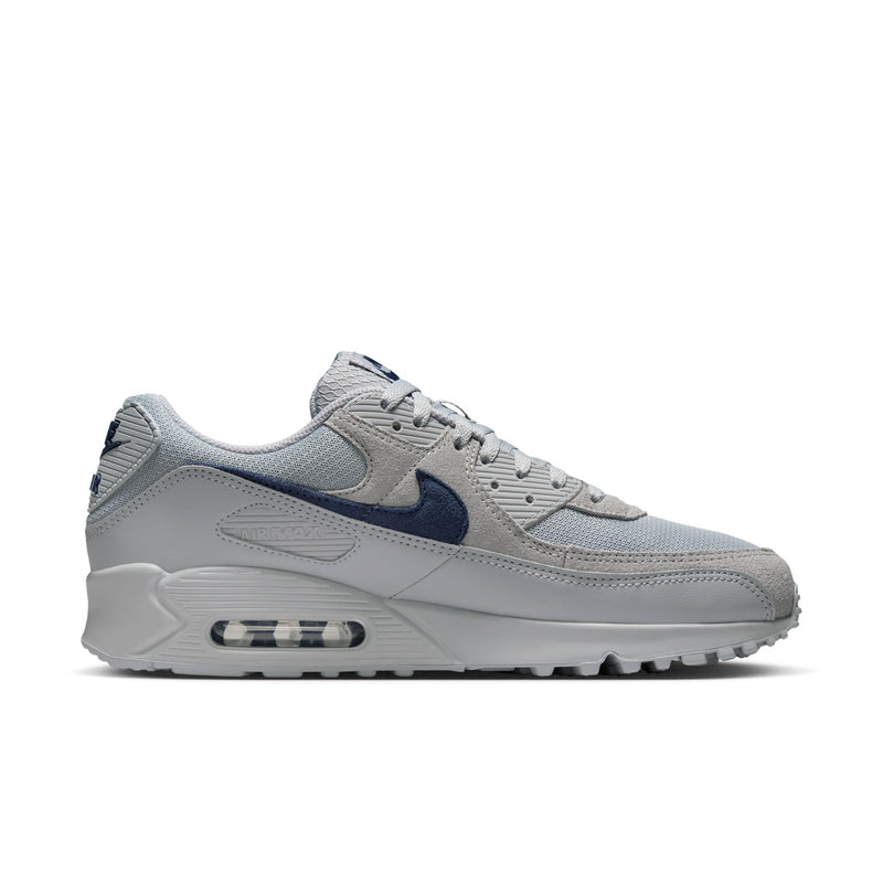 Air Max 90 men's sneakers in light gray with navy swoosh and visible air unit