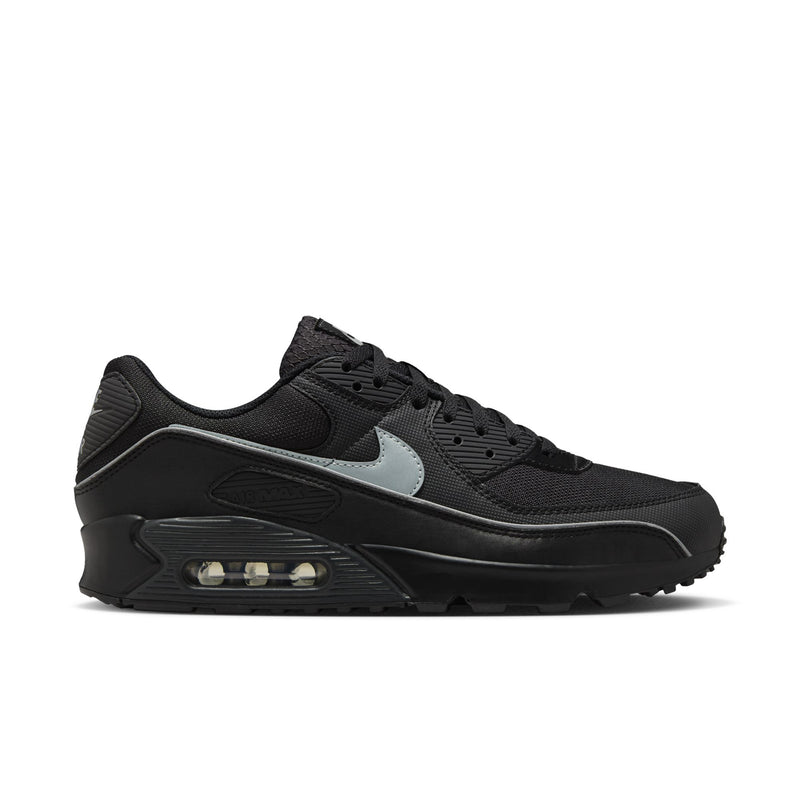 Men's Nike Air Max 90 running shoes, black with light blue swoosh and air sole