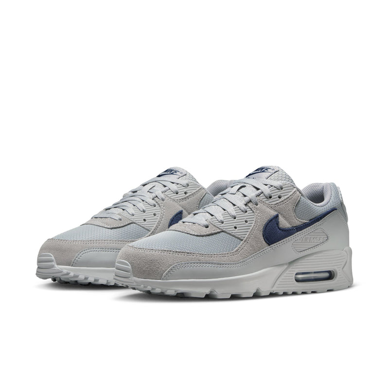 Air Max 90 men's sneakers, light gray uppers with navy accents and cushioning sole