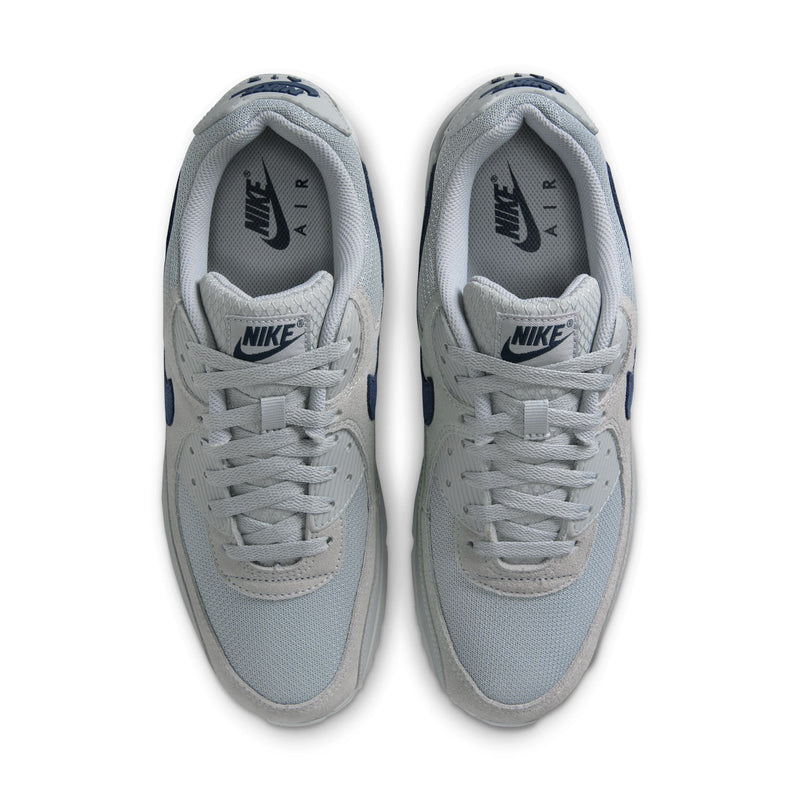 Air Max 90 men's sneakers with lace-up front and gray lining; navy heel pull tab