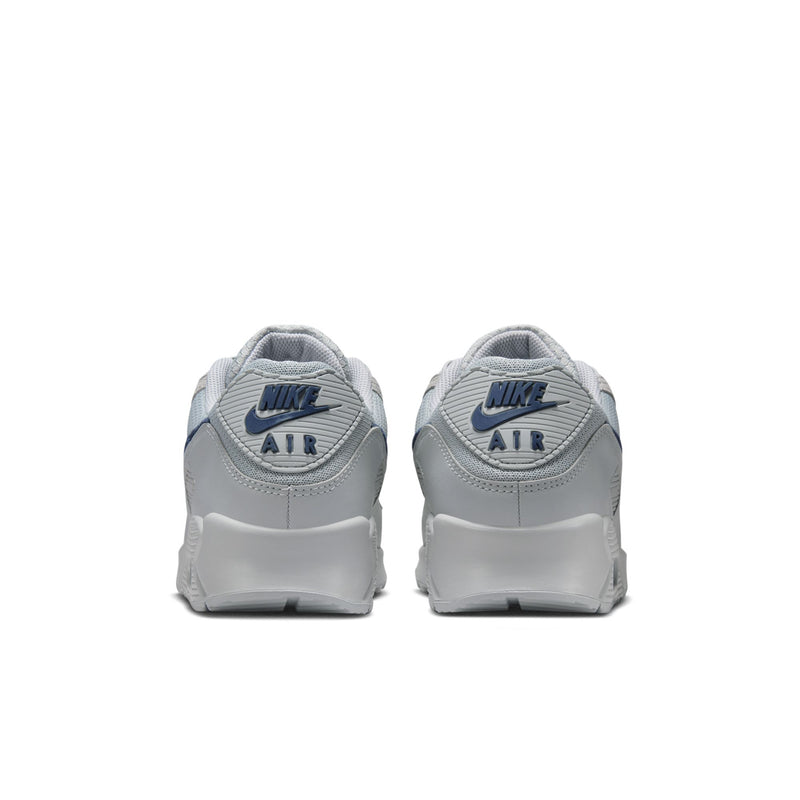 Air Max 90 men's sneakers rear view: gray heel with navy “AIR” badge and straps