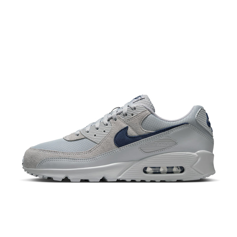 Air Max 90 men's sneakers side profile in light gray with navy swoosh and air sole