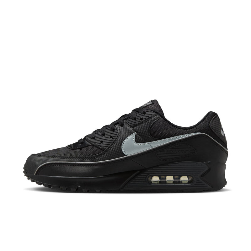 Men's Nike Air Max 90 shoes, black with light blue swoosh and visible air window