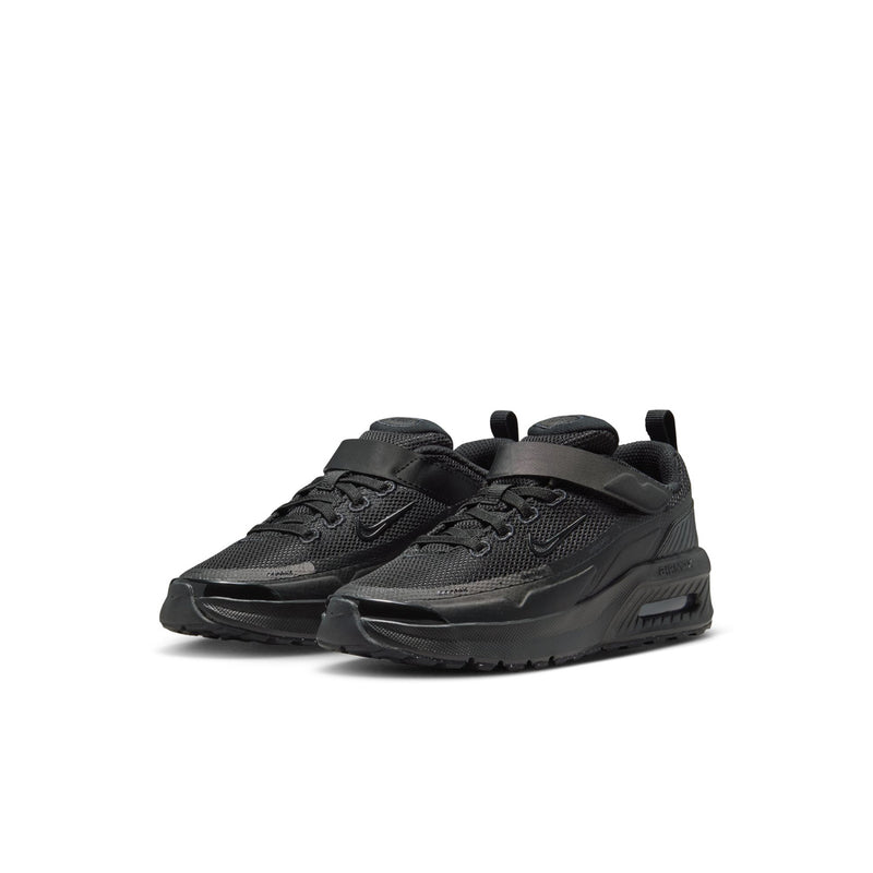 Kids black running sneakers with lace-up front, hook-and-loop strap, cushioned sole