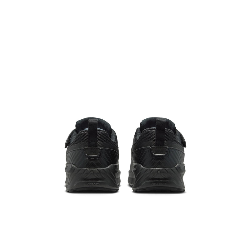 Kids black sneakers with cushioned heel, rear pull tab, and strap detail