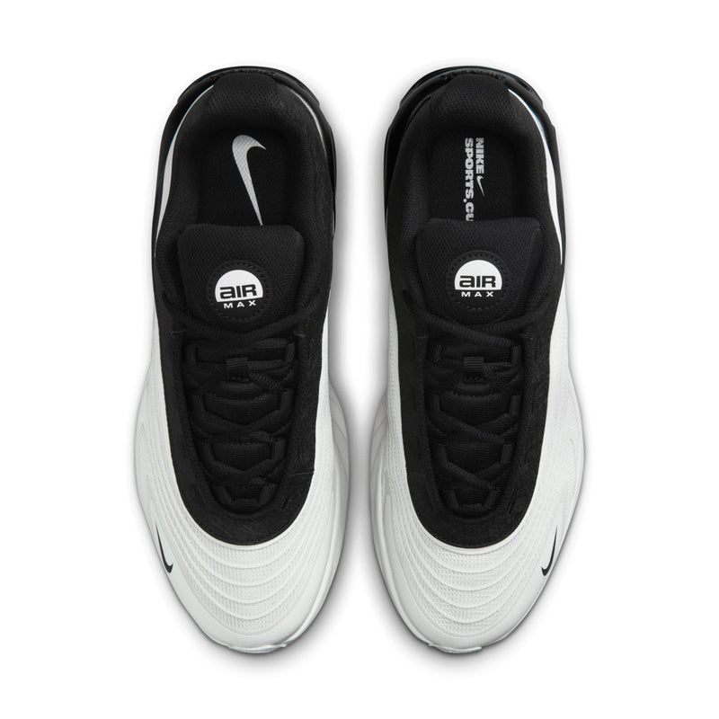 Pair of men's shoes, white toe with black lining and laces; Air Max branding on tongue