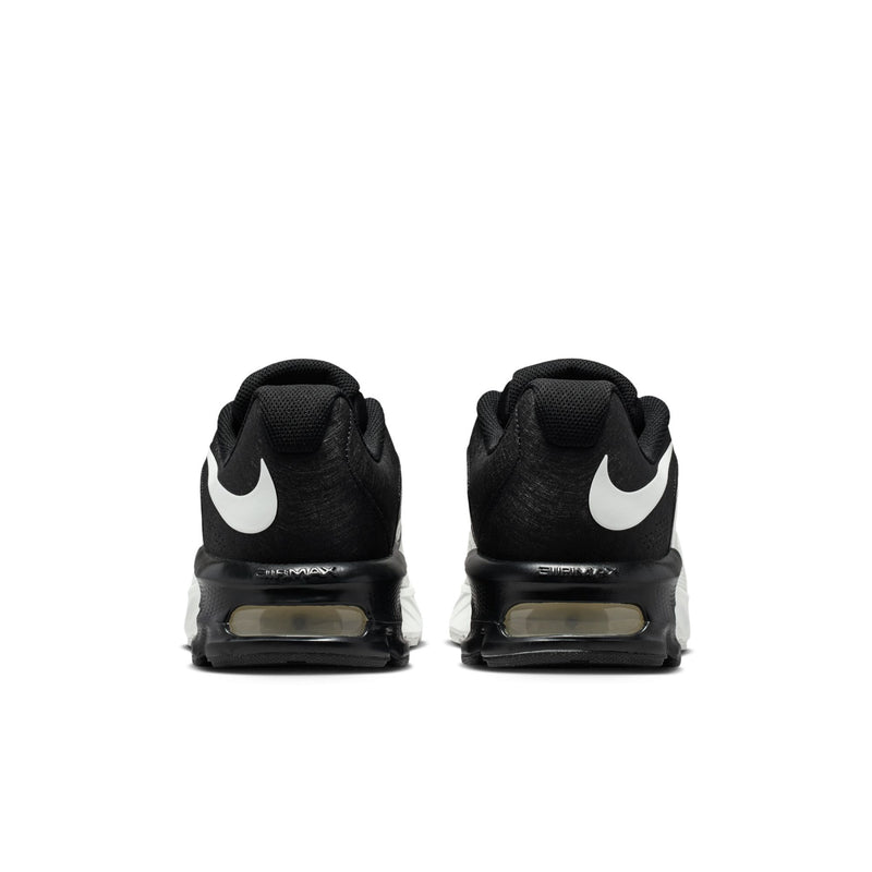 Men's running shoes heel view, black uppers with white Swoosh and Air Max window
