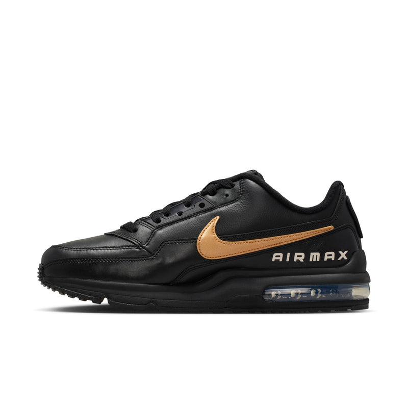Men's black low-top sneakers with gold Swoosh and AIR MAX lettering, side air unit