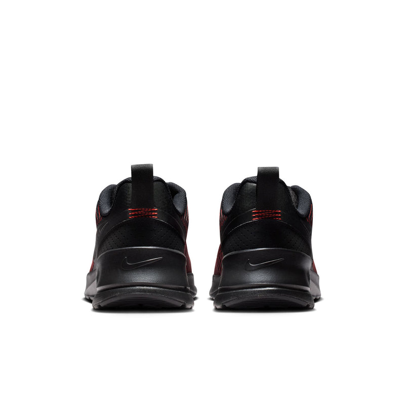 Pair of men's black sneakers with rear heel cushioning and red accent stripes