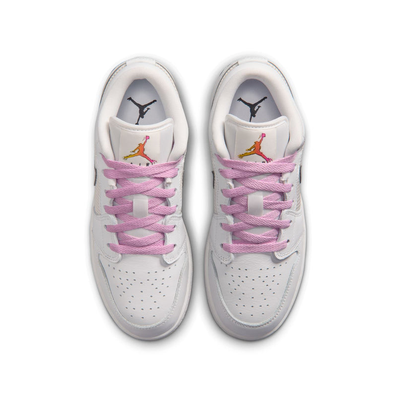 Youth sneakers with pink laces and colored Jumpman logos on the tongues, white uppers