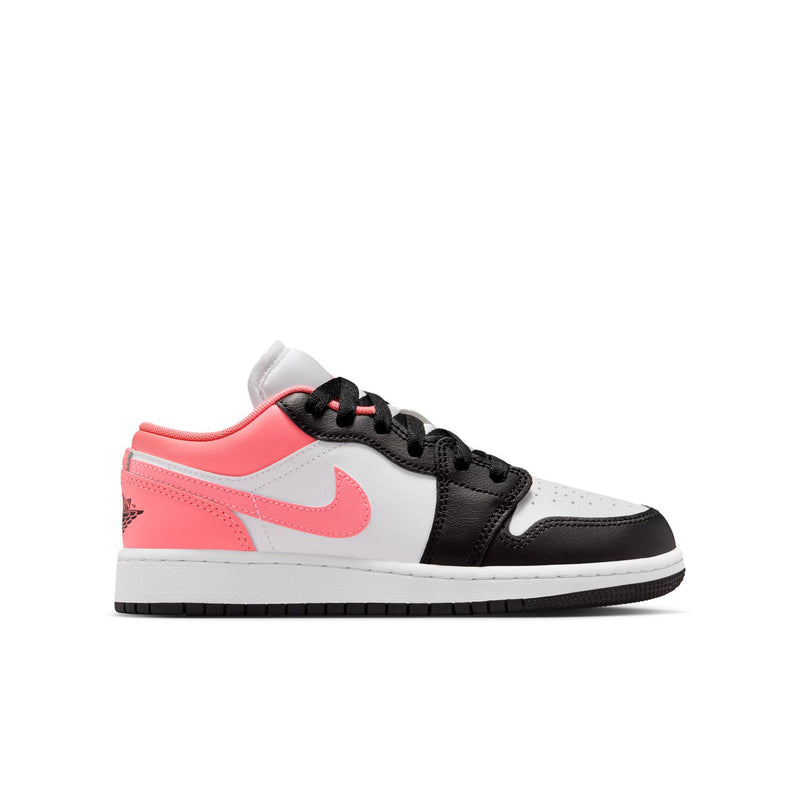 Youth low-top sneakers in black, pink, and white with lace-up front and Nike swoosh