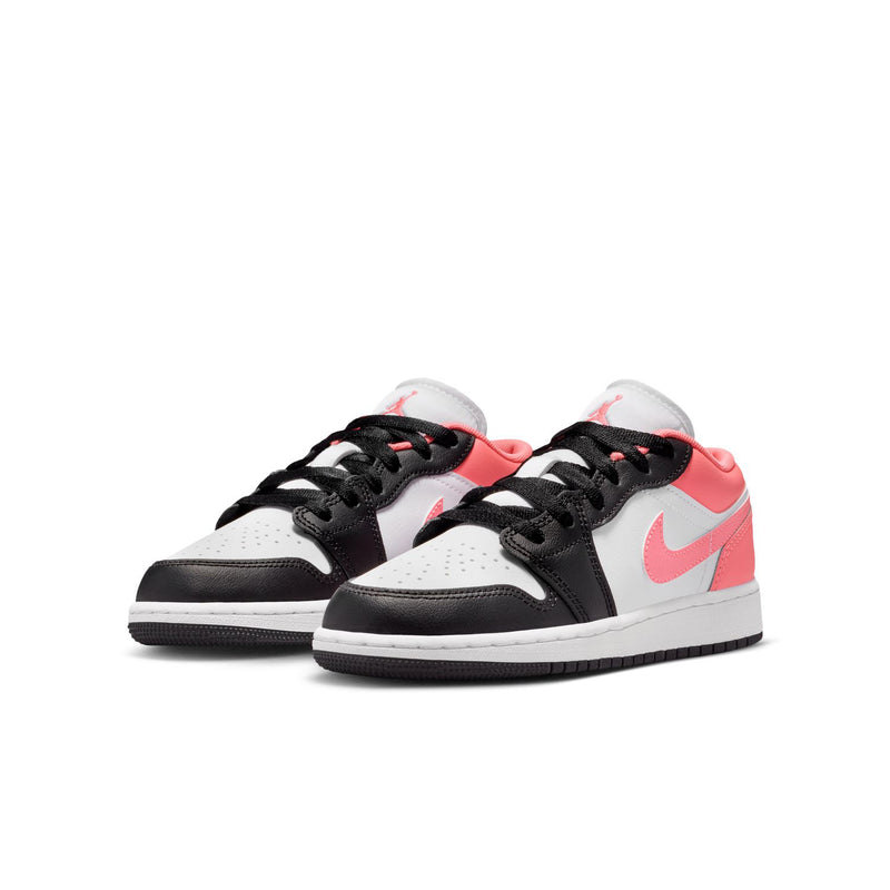 Youth low-top sneakers, two pairs angled, black toe and laces with pink Swoosh accents