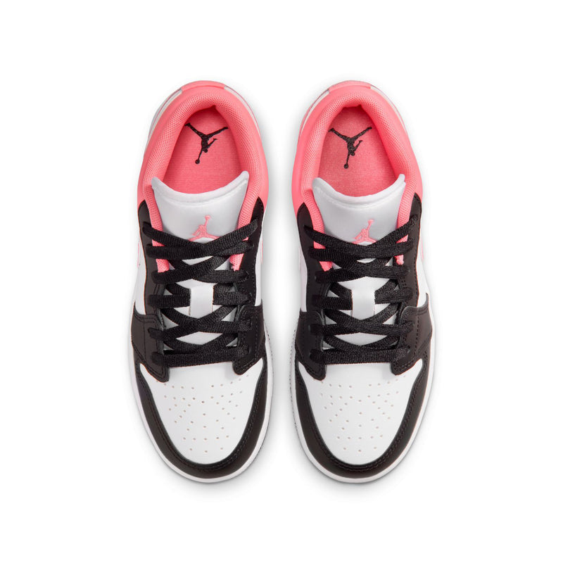 Youth sneakers top view with black laces, white perforated toe, and pink inner lining