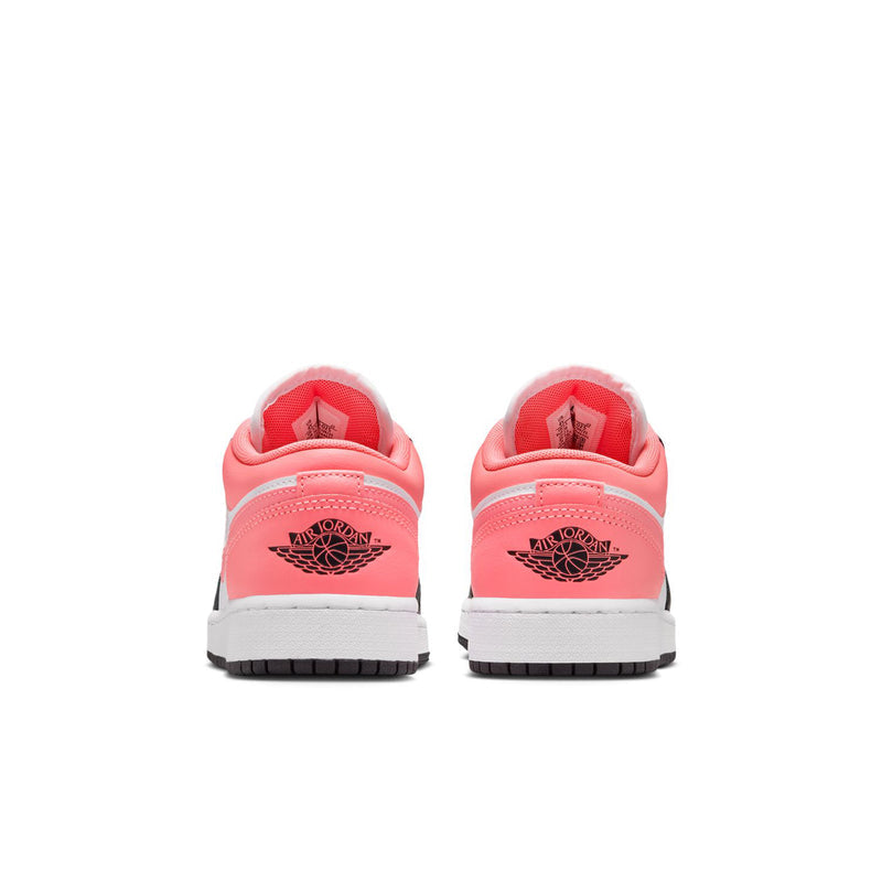 Youth low-top sneakers back view in pink and white with black tread and embroidered heel