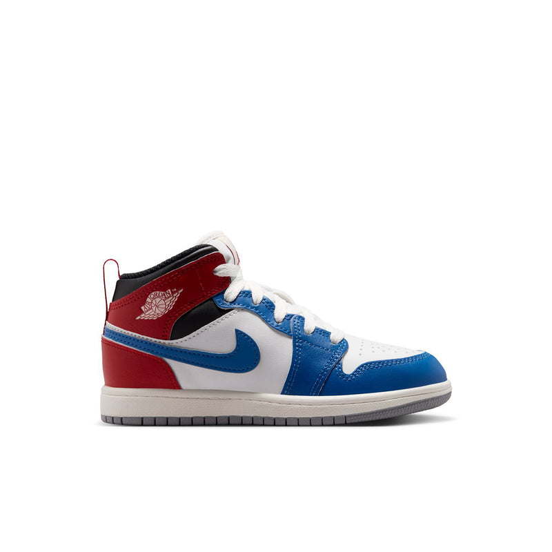 Kids AJ 1 mid-top sneakers in blue, white, red, and black with lace-up front